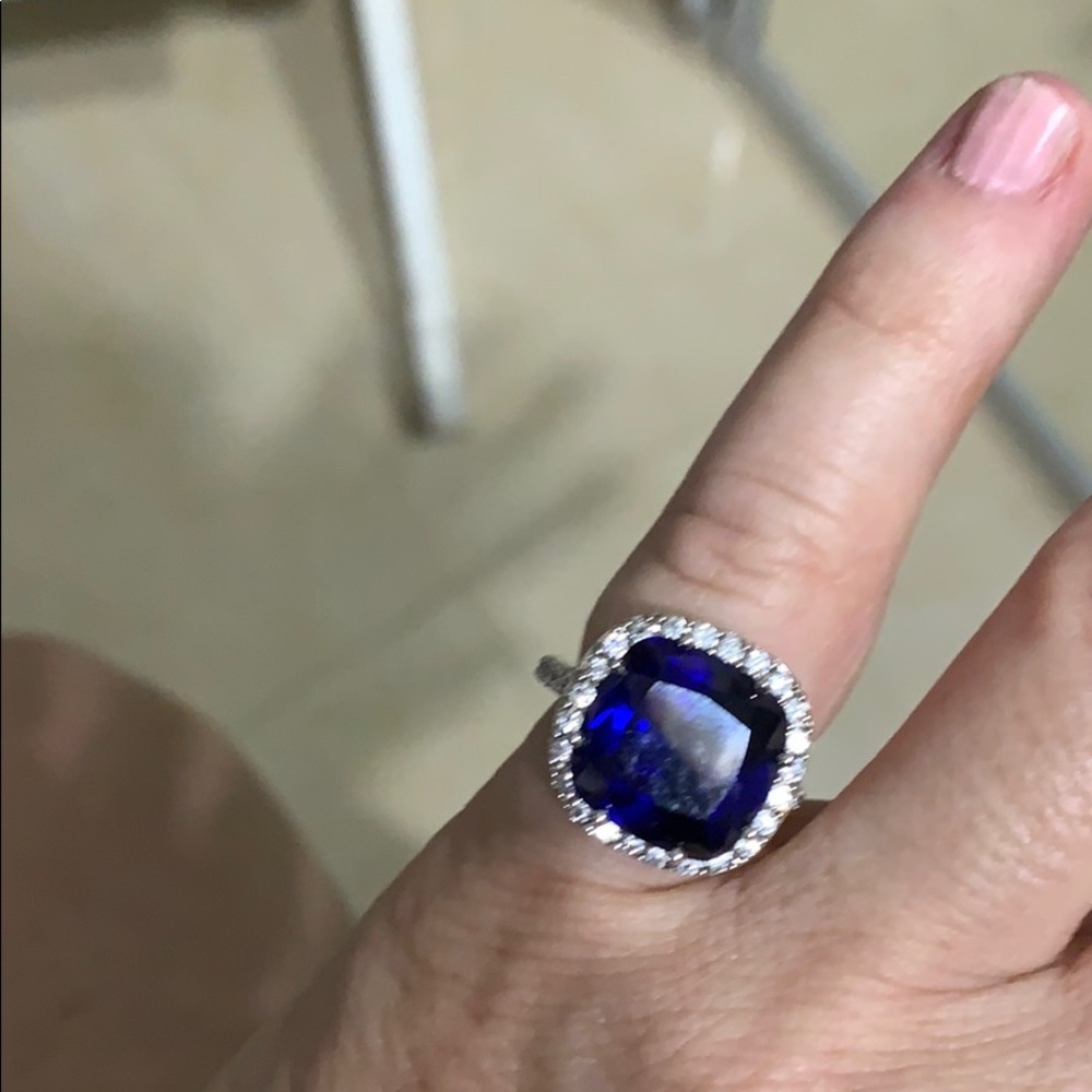 Simulated blue sapphire and diamond cocktail ring